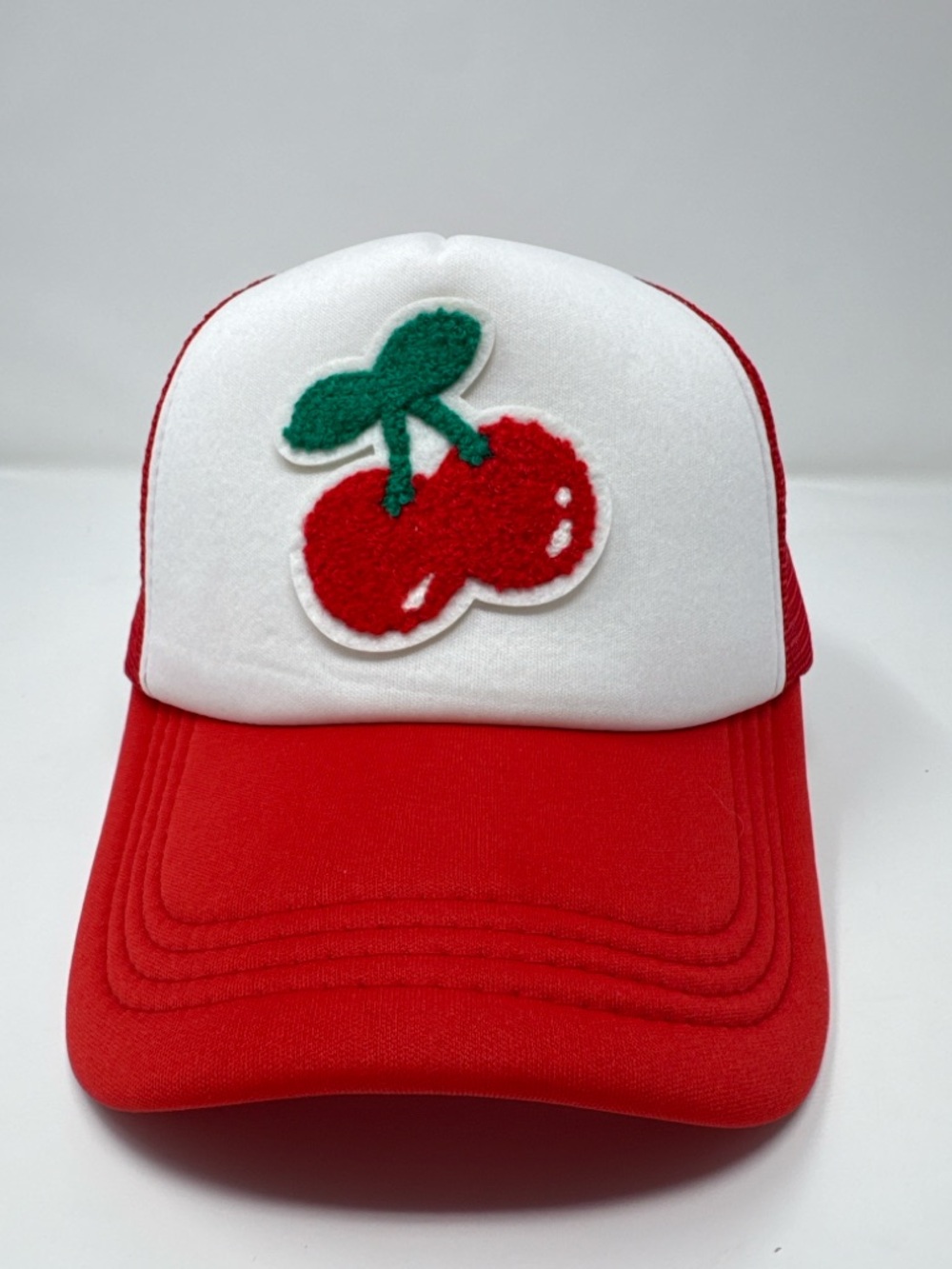 Hand Crafted Cherry Patch Red and White Trucker Hat | Adjustable Snapback | Y2K